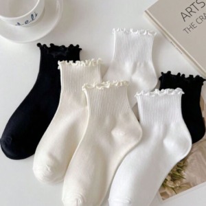 🛒3 pares/set Calcetines tobilleros estilo japones dulce con con fruncido ribete para mujeres