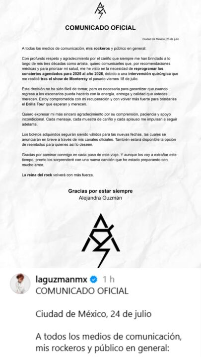 Alejandra Guzmán pospone su gira Brilla Tour para 2026 tras cirugía