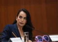 Irma Moreno Ovalles durante una conferencia de prensa en Culiacán, Sinaloa.